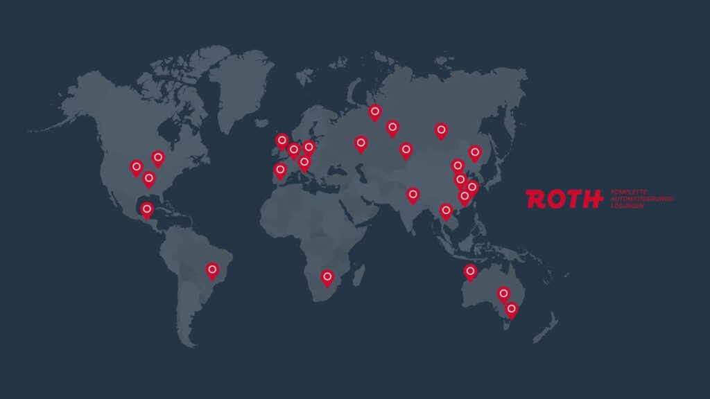 Eine Weltkarte in Blau- und Grautönen, gekennzeichnet mit roten Punkten die darstellen sollen, wo Firma ROTH bereits tätig war.