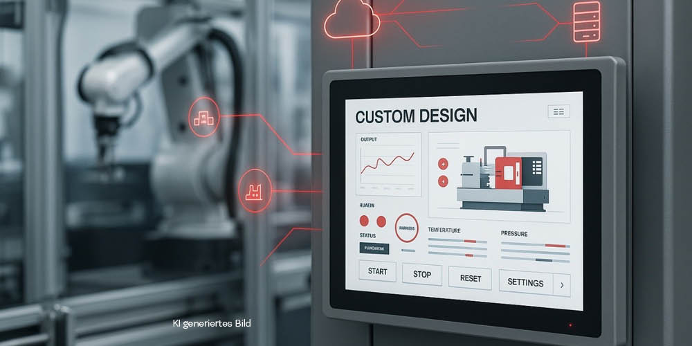 Ein Monitor im Vordergrund zeigt die Echtzeitüberwachung einer industriellen Anlage, während im unscharfen Hintergrund ein Industrieroboter arbeitet.
