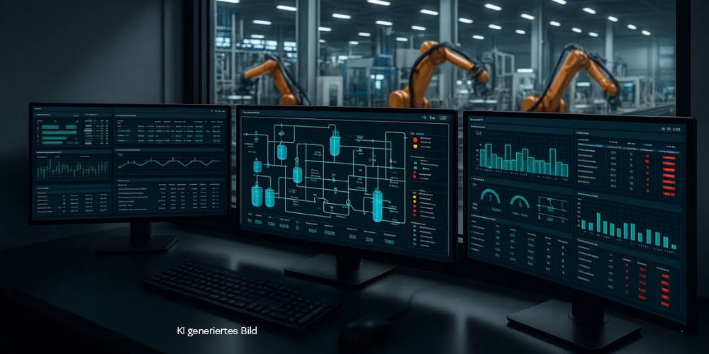 Drei Bildschirme in einem Überwachungsraum zeigen die Kontrolle über verschiedene Industrieroboter in einer industriellen Produktionshalle