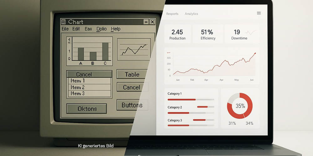 Ein alter Röhrenmonitor verwandelt sich nahtlos in einen modernen Laptop und symbolisiert den technologischen Fortschritt von der analogen zur digitalen Ära.