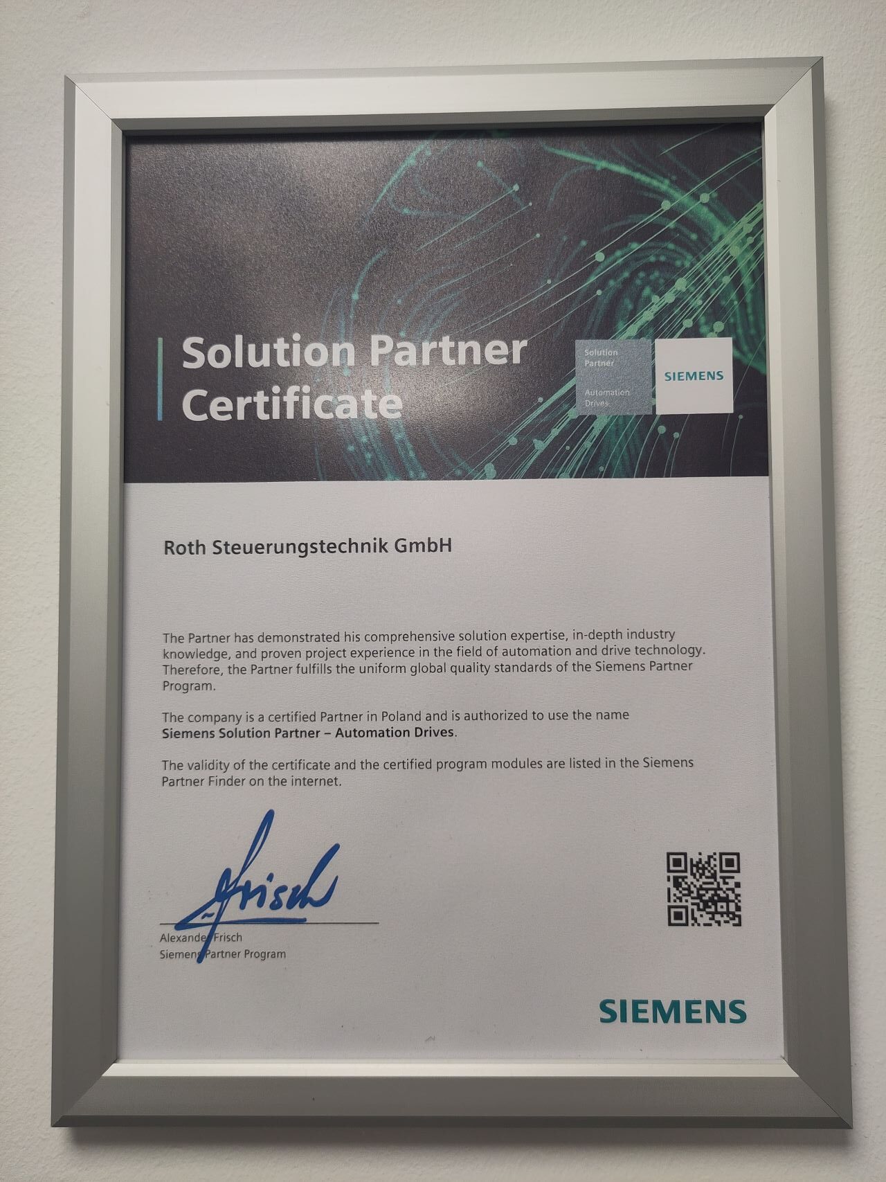 Zertifikat zur Siemens Solution Partnerschaft mit Roth Steuerungstechnik