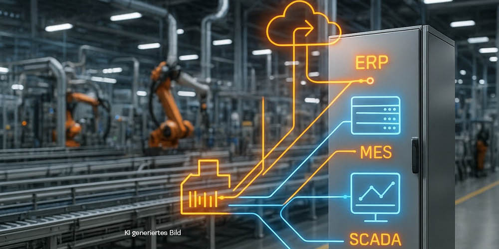 KI generiertes Bild, ein Schaltschrank im Vordergrund, der durch Zeichnungen verbildlichen soll ,was sich in ihm befindet, im Hintergrund zu sehen große Industrieroboter in Industrielandschaft