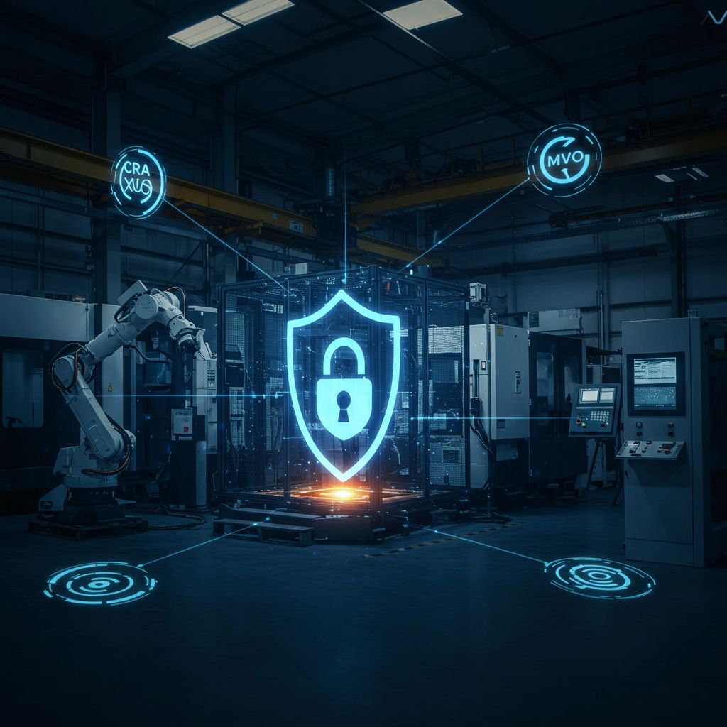 Maschinensicherheit und Cybersecurity: Leuchtendes Schlosssymbol mit CRA- und MVO-Kennzeichnungen in intelligenter Fabrik mit Roboter und digitaler Steuerung